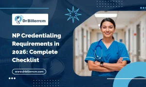 image shows a nurse and also describes NP Credentialing Requirements in 2026