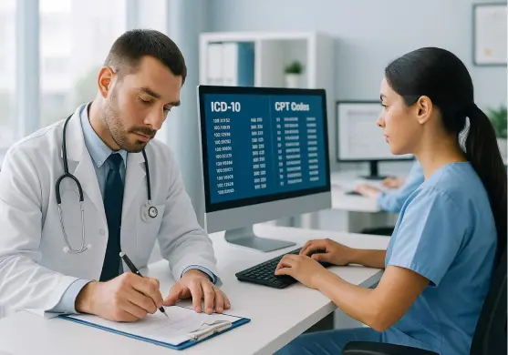 Physician and staff member reviewing ICD-10 and CPT codes on a computer