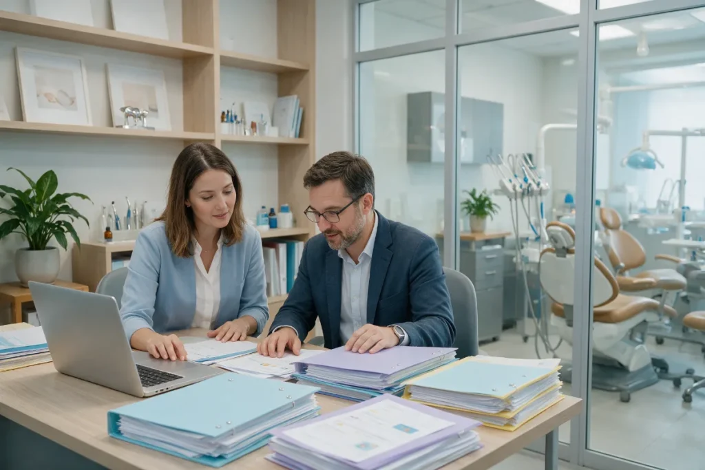 Dental practice team reviewing credentialing files with a specialist at an office desk