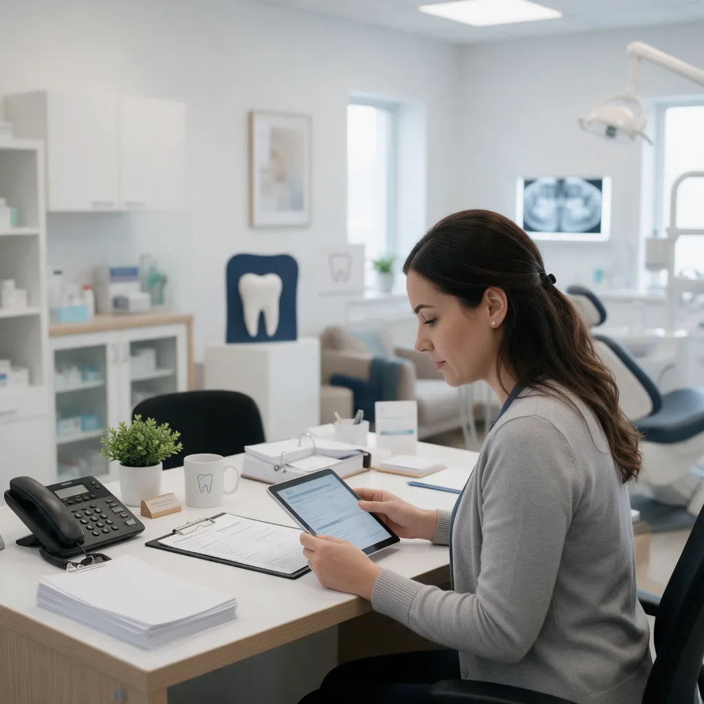 Dental office manager reviewing insurance credentialing paperwork on a tablet at the front desk