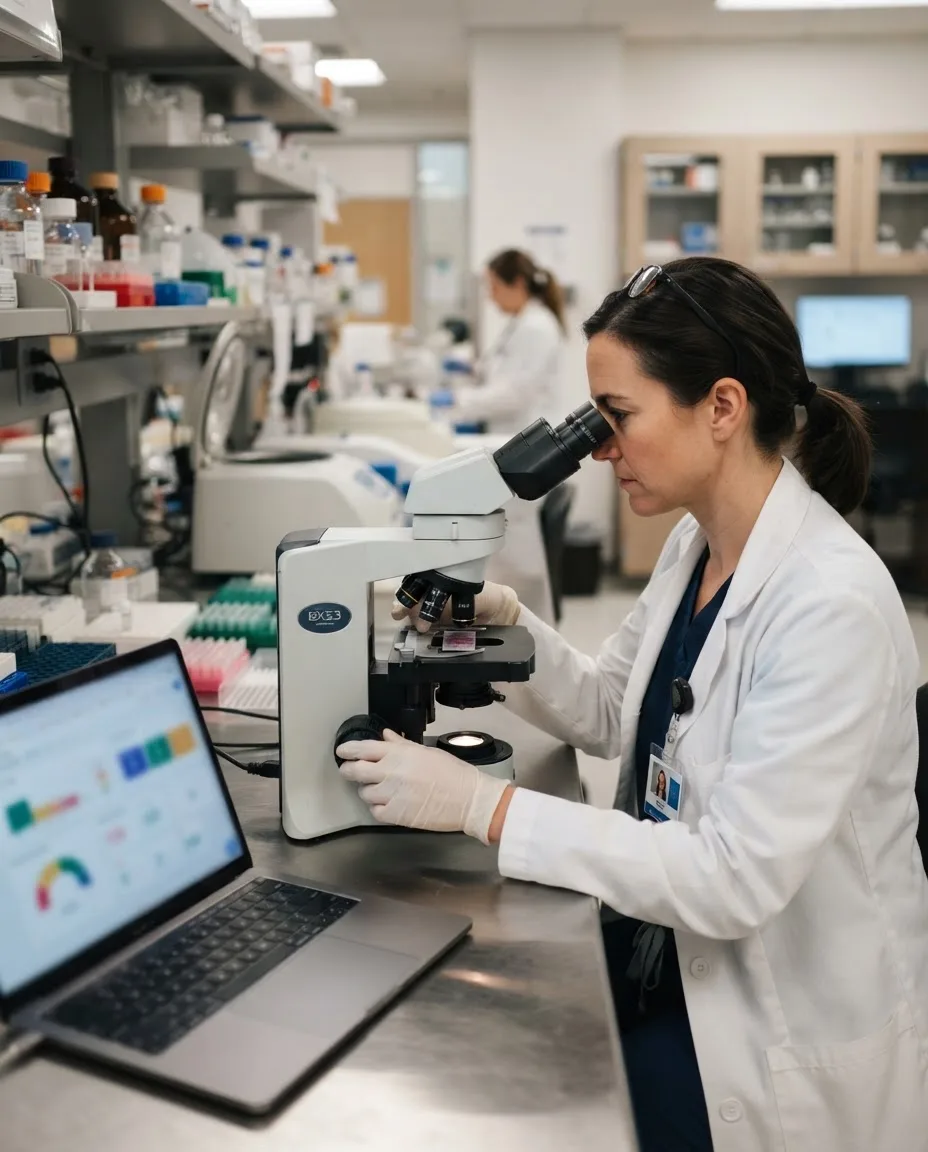 Pathologist examining a tissue slide under a microscope in a pathology lab