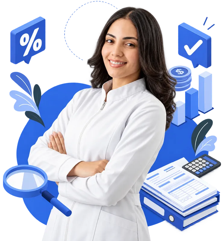 Smiling female doctor in a white coat with arms crossed, surrounded by billing and credentialing icons