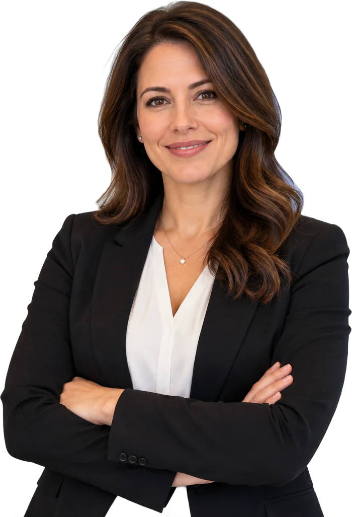 Confident credentialing specialist in a black blazer with arms crossed, ready to help primary care practices